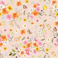 Seamless pattern with watercolor hand draw wildflowers, herbs and grass, butterfly, dragonfly and bumblebee, isolated on colored background