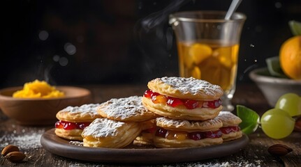 A breakfast table set with small pastries, powdered sugar and flour sprinkled in the air, in a Rustic style.