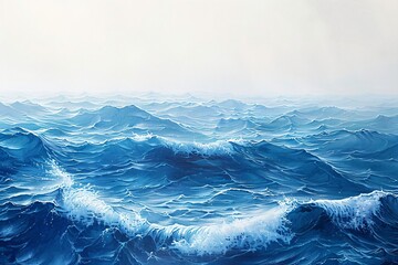 Beautiful strong storm in the ocean. Waves with foam rolling on the shoreline on white background. Power of raging nature. Seascape. Oil painting style. Illustration for interior poster, wallpaper
