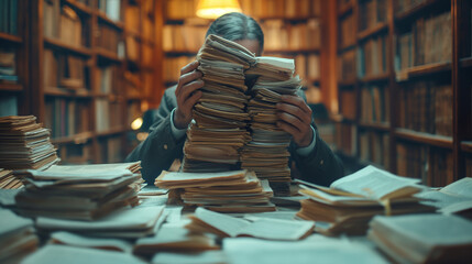 Facing a Mountain of Documents, Experiencing High Work Pressure. Representing Stress, Overwork, and Office Environment Challenges.