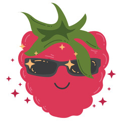 Cool red raspberry in sunglasses with stars and sparkles. Kawaii berry smiles. Vector isolated image