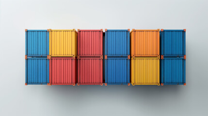 Fototapeta premium Top-down view of neatly stacked shipping containers in red, blue, yellow, and orange against a white background. The image showcases the vibrant and organized nature of the logistics industry.