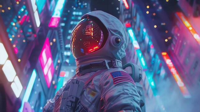 Low-angle view, futuristic astronaut exploring abandoned skyscrapers, neon lights reflecting off polluted air, digital painting, vibrant and detailed, reminiscent of cyberpunk art