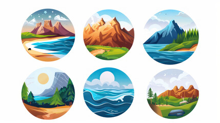 Fototapeta premium Nature icons for websites and apps. Desert, mountains, forest, river, sea, lake.