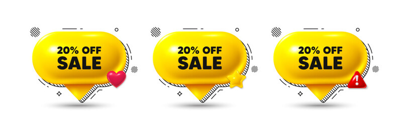Chat speech bubble 3d icons. Sale 20 percent off discount. Promotion price offer sign. Retail badge symbol. Sale chat offer. Speech bubble banners. Text box balloon. Vector