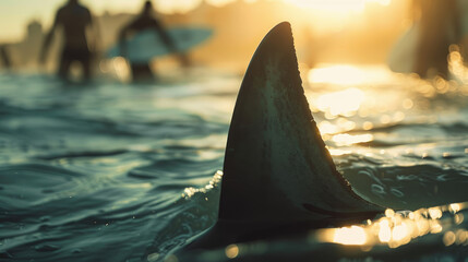 A shark fin sticking out of the water with surfers in the background, a beautiful blue ocean at sunrise