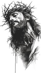 Fototapeta premium Powerful black and white illustration of Jesus Christ with a crown of thorns, symbolizing sacrifice, faith, and redemption, ideal for religious and inspirational themes.
