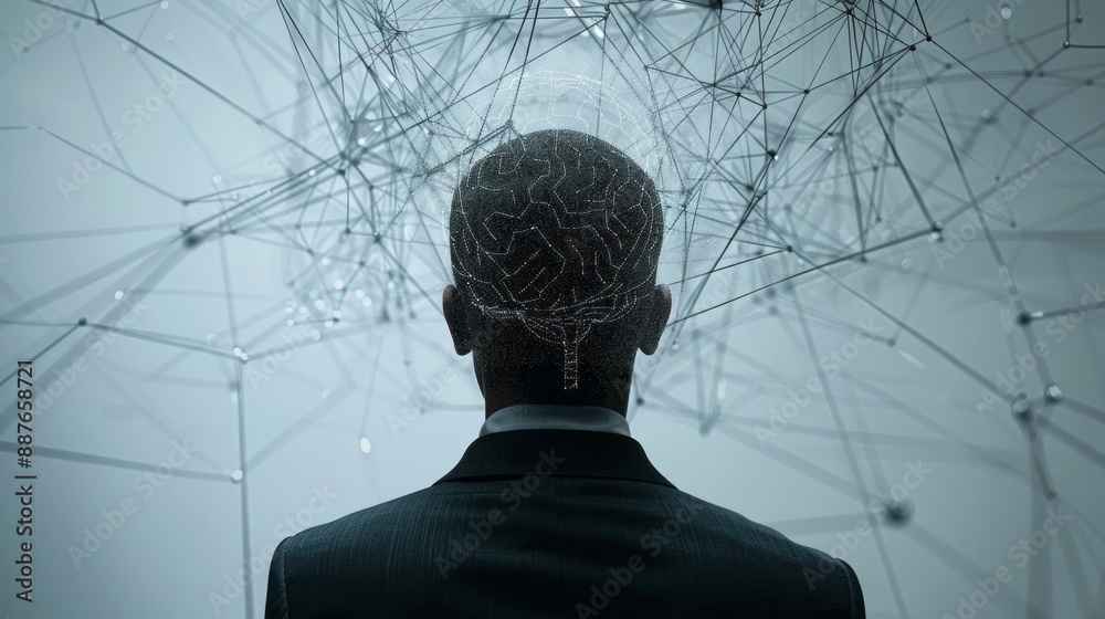 Poster A man in a suit is looking at a computer screen with a lot of lines and dots