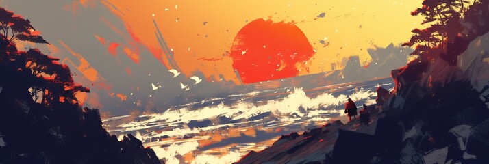 Panoramic nature landscape view of beautiful sea at sunset. Inspire tropical beach with sunrise sky. Oil painting style. Beautiful illustration for interior poster, wallpaper, banner, wall art