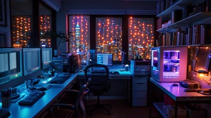 A nighttime view of a home lab setup for personalized healthcare research, showcasing multiple computers and a city skyline view through the window.