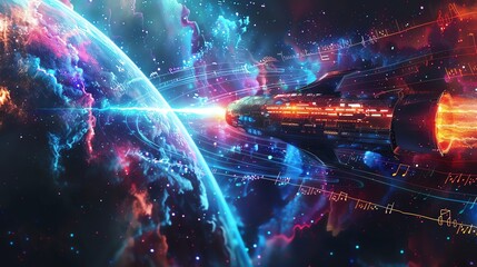 Fototapeta premium Tilted angle view of a futuristic spacecraft radiating soundwaves with musical notes around it