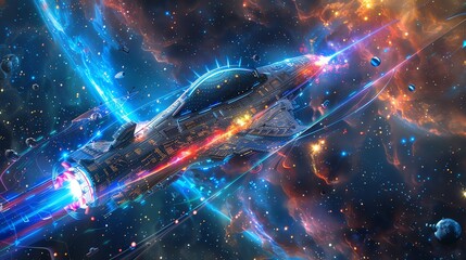 Tilted angle view of a futuristic spacecraft radiating soundwaves with musical notes around it