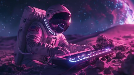Tilted angle view of an astronaut playing a glowing neon synthesizer on a lunar surface
