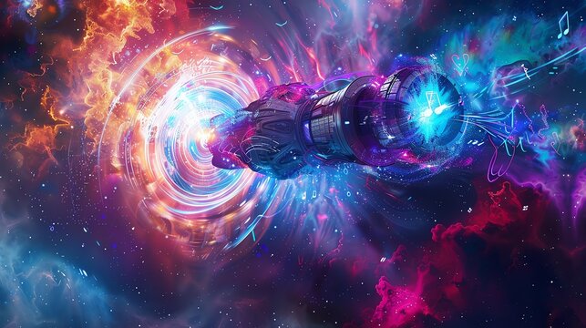 Tilted angle view of a futuristic spacecraft radiating soundwaves with musical notes around it