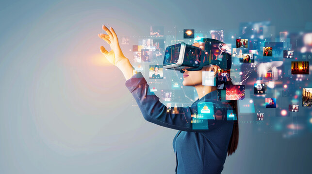 Woman Experiencing Virtual Reality with Digital Interfaces Around surrounded by floating digital interfaces and screens exploring a virtual environment.