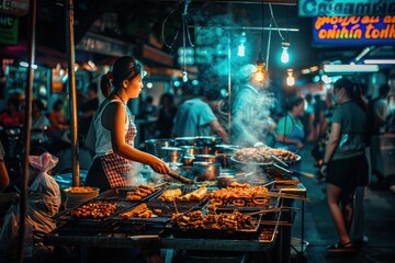 A lively Thai street food market at night, with vendors cooking and selling a variety of dishes