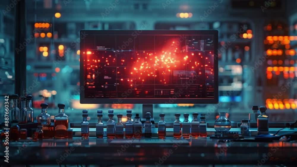 Poster a futuristic laboratory scene featuring a computer screen displaying data visualizations, likely rel