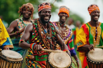 A lively drumming circle, with musicians playing djembes and dancers moving energetically in colorful traditional attire