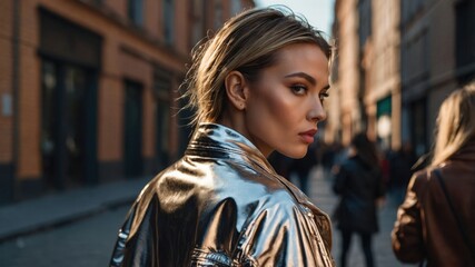 Fototapeta premium A stylish woman wearing a metallic jacket looks back over her shoulder while walking down a city street, exuding confidence. 