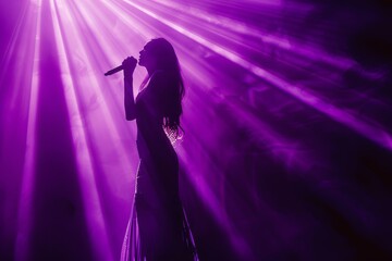 On stage, a beautiful singer silhouette sings in a light show