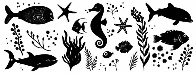 Naklejka premium A black silhouette of marine life with elements of marine style. Shadows of fish, algae, corals, etc.