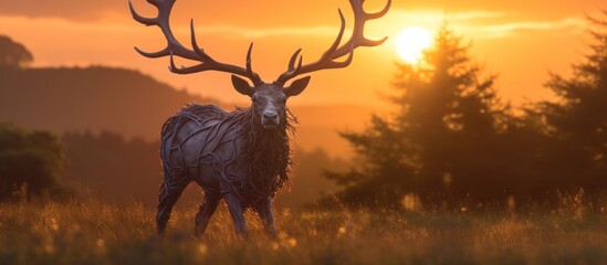Majestic Deer at Sunset with Golden Sky
