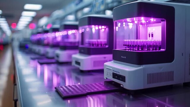 A row of automated lab equipment with purple lighting inside, used in research and development.