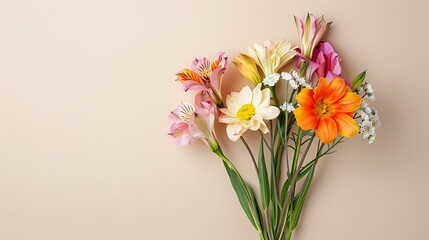 Fototapeta premium Minimalistic design with a single bouquet of vibrant flowers on a cream background offering a clean and modern look