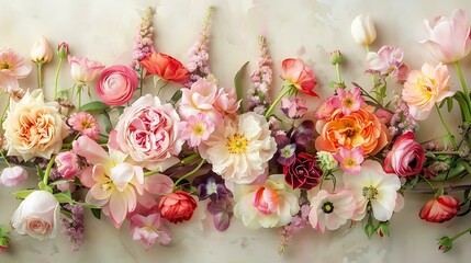 Vibrant array of assorted flowers arranged on a soft cream colored background featuring roses, tulips, and daisies with a gentle lighting that highlights the natural beauty