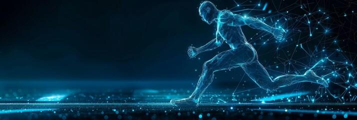 An abstract running man form lines and triangles, and a point-to-point network connects them.