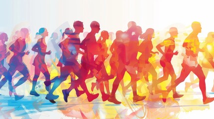 The male and female athlete runners are performing a training exercise before participating in a sports race event, jogging and running in a contemporary athletic abstract design.