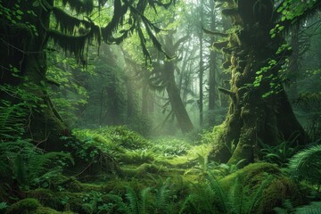 A peaceful forest scene featuring tall, ancient trees covered in thick moss and surrounded by ferns