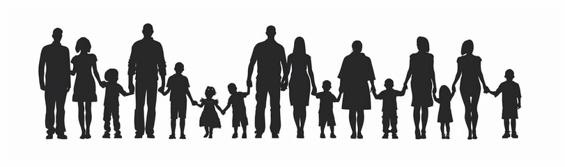 Modern illustration of a collection of minimal black family silhouettes.