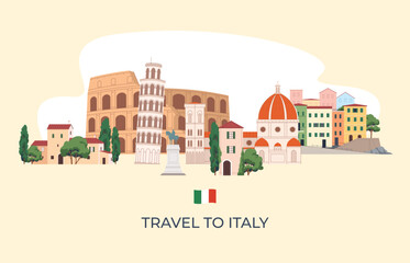 Architectural buildings of Italy. Historical monuments of architecture. Beautiful tourist spots in sunny Italy. Vector illustration