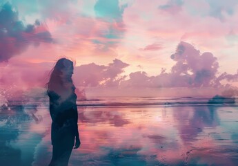 Fototapeta premium Cloud-covered silhouette of a woman standing at the top of a cliff