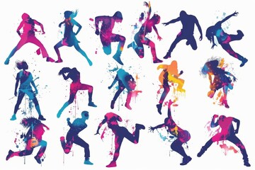 A colorful group of dancers with expressive movement in a jazz, funk, hip-hop, or house dance. A dancer jumping on a white background.