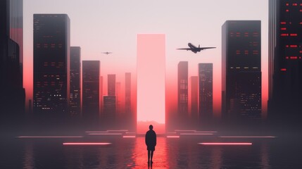 Sci-fi book cover showcasing a futuristic city with towering skyscrapers, flying vehicles, and a lone figure on a mission