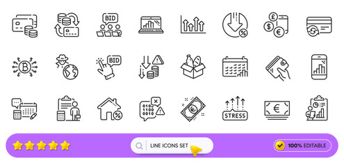 Change card, Loan house and Money line icons for web app. Pack of Calendar graph, Report, Deflation pictogram icons. Stress grows, Loan percent, Accounting signs. Bitcoin system, Wallet. Vector