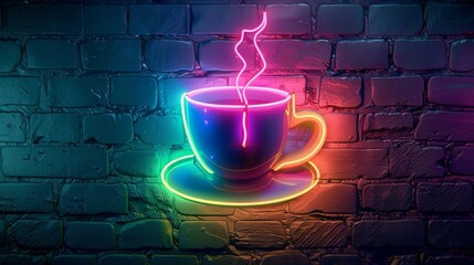 Neon coffee cup with brick wall background, glowing, electric neon