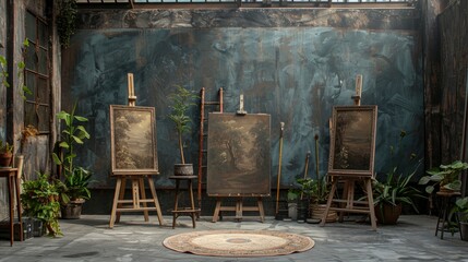 Two Easels And Accessories On A Black Background, Ready For Use, Professional And Organized, High Quality Background