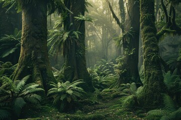 Naklejka premium A peaceful forest scene featuring tall, ancient trees covered in thick moss and surrounded by ferns