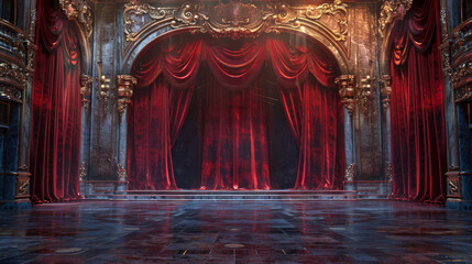 The stage, which is typically empty, is enhanced by red curtains with a velvet texture. The image is made using a 3D simulation.