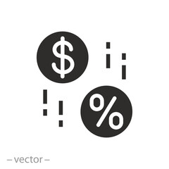 decrease in interest rate icon, percentage commission, brokerage, low price, reduce cost, sale percent tax, cashback, flat vector illustration