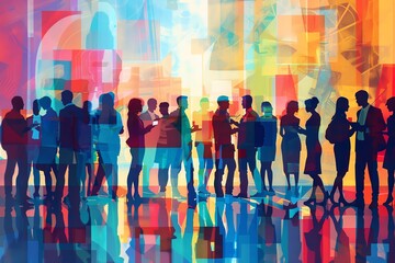Obraz premium A vibrant abstract painting depicting silhouettes of people socializing, blending colors and human figures creating a dynamic, expressive scene.