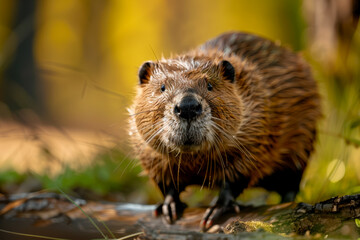 Fototapeta premium A beaver walking through the forest next to a dam on the river bank, warm summer weather, the concept of caring for the environment and protecting the animal world