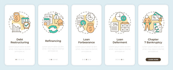 Debt reorganization process types onboarding mobile app screen. Walkthrough 5 steps editable graphic instructions with linear concepts. UI, UX, GUI template. Montserrat SemiBold, Regular fonts used