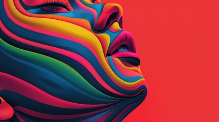 Obraz premium Vibrant artistic portrait of a face painted with bold, colorful stripes on a bright red background. Modern art concept for creative design projects.