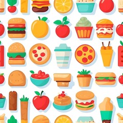 Colorful Feast Pattern: A vibrant and playful seamless pattern featuring a delicious array of fast food, fruits, and desserts. Perfect for food blogs, menus, and culinary projects. 