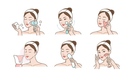 Skincare set. Collection of girl use facial cleansing brush, massage roller and other anti aging devices. Beauty and hygiene concept. Vector illustration.

