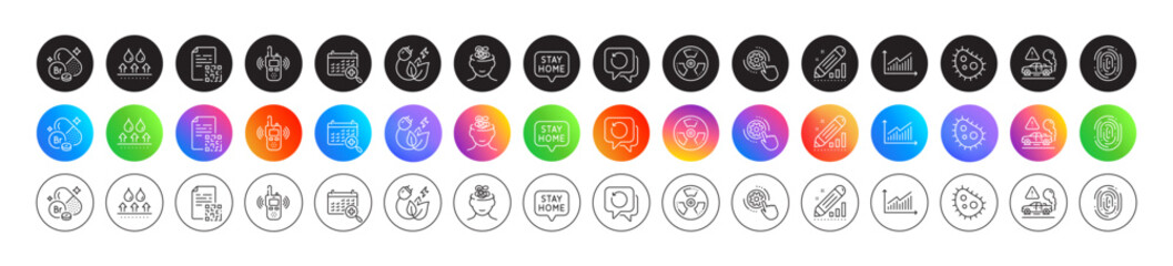 Exhaust, Anxiety and Waterproof line icons. Round icon gradient buttons. Pack of Graph, Fingerprint, Green energy icon. Cogwheel settings, Bacteria, Bromine mineral pictogram. Vector